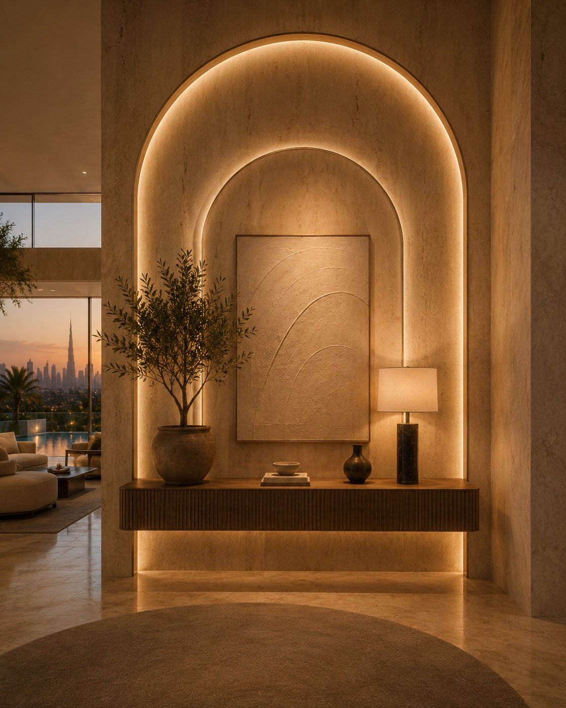 An arched doorway into a warm, minimal hallway
